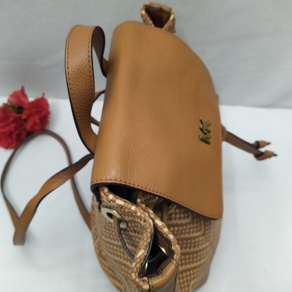 Michael Kors Junie Brown Chevron Woven Leather Drawstring Flap Closure Backpack - Picture 4 of 16